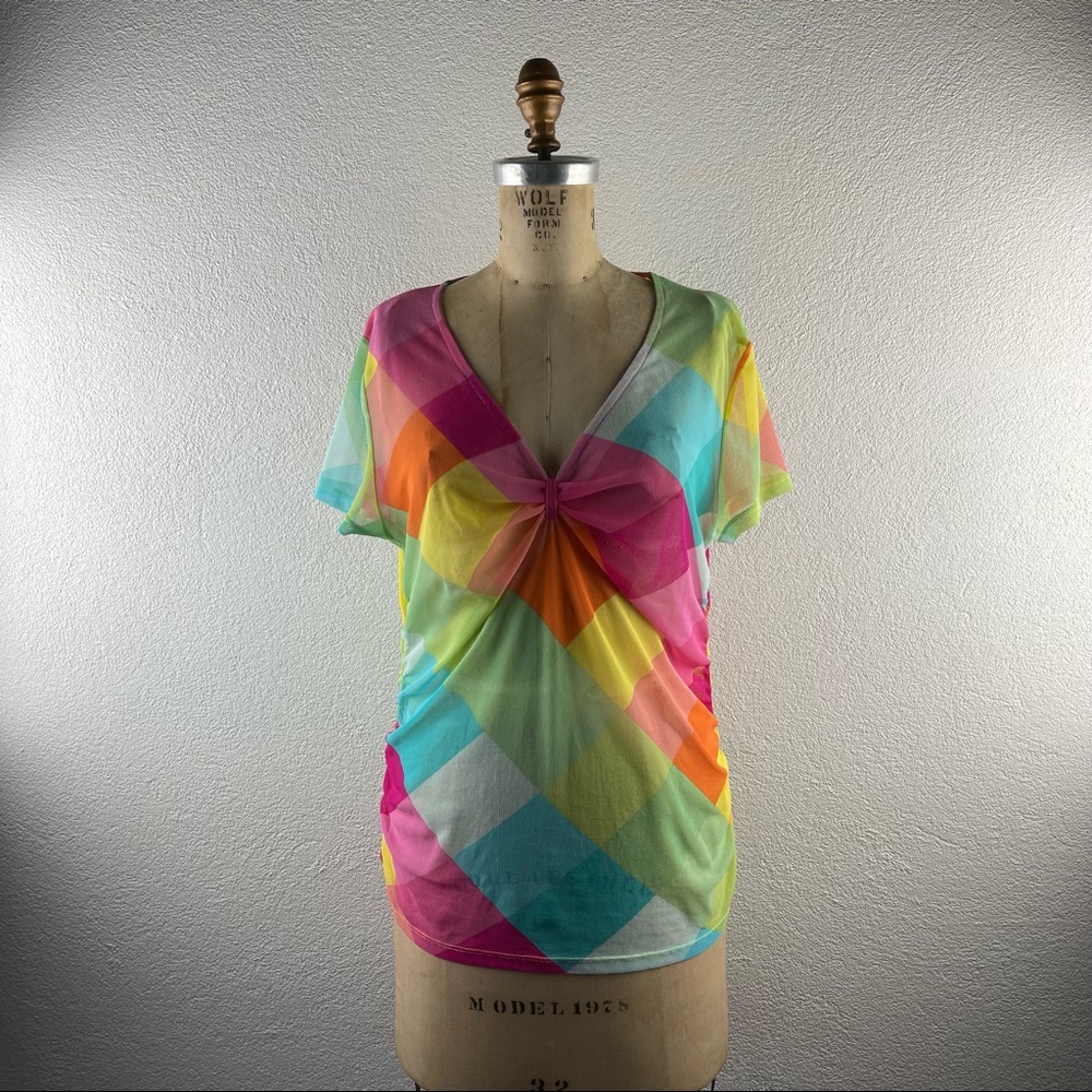 New York & Co l L Colorful Rainbow Plaid Sheer Mesh Gathered V-Neck Hips Blouse